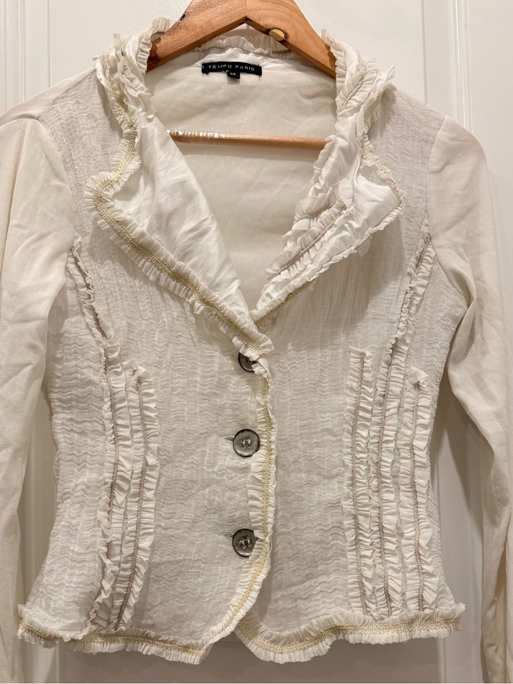 Tempo Paris Cream Textured Ruffle-Neck Top